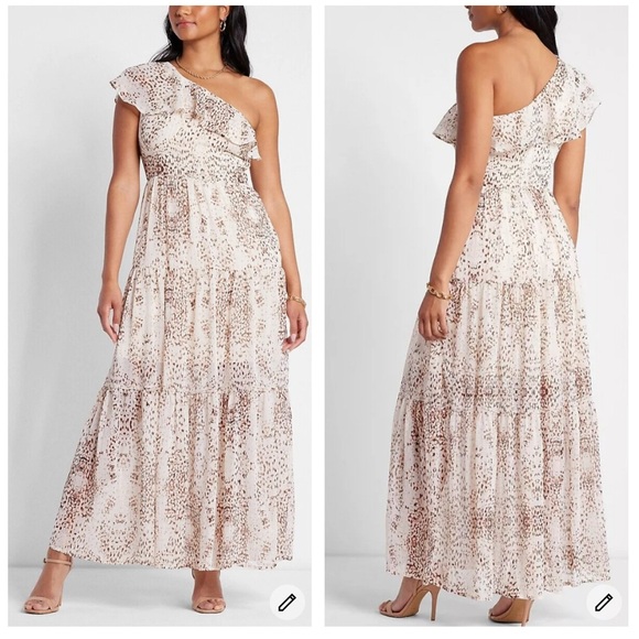 Express Rachel Zoe Metallic Printed Ruffle One Shoulder Maxi Dress Sz XS Chiffon - Picture 1 of 11